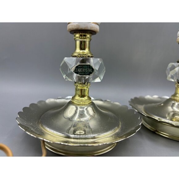 Vtg Table Lamp Set Floral Porcelain Leaded Crystal Table Electric - Picture 3 of 8